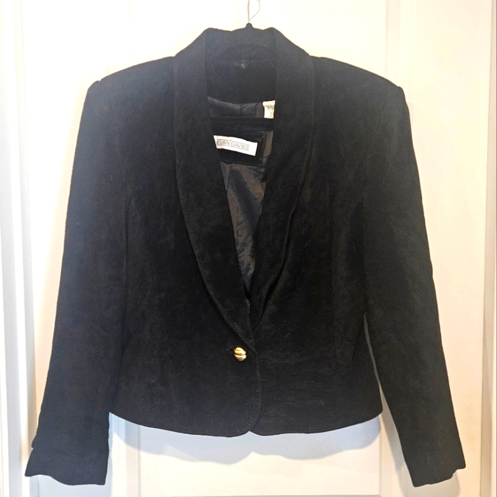Vtg 80's Evan Davies Black Suede Gold Button Fitted Crop Blazer Size 8